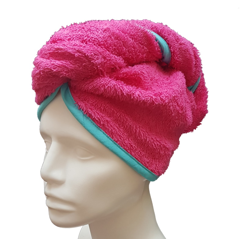 Turban na sušení vlasů cyklamenový tyrkysový lem