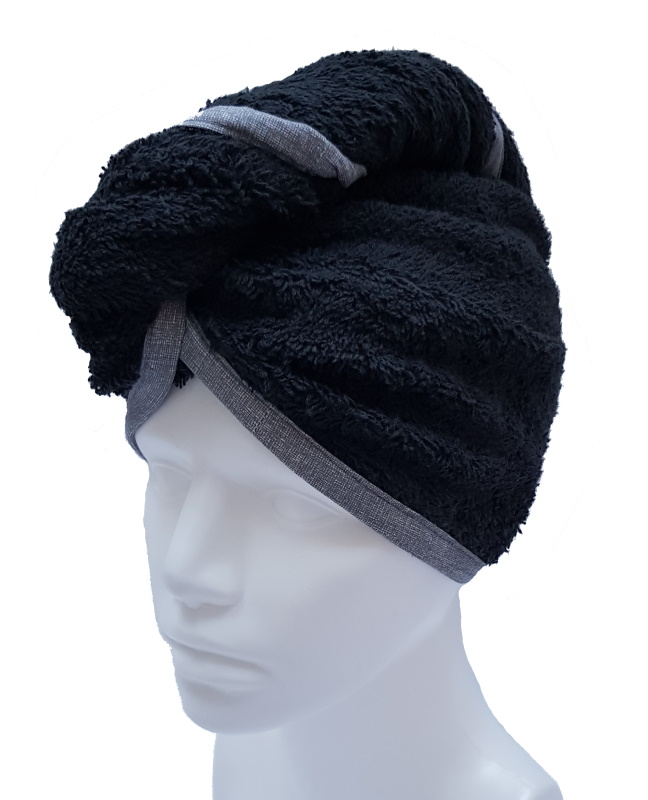 Turban na sušení vlasů černý, šedý lem
