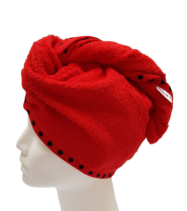 Turban na sušení vlasů červený Beruška