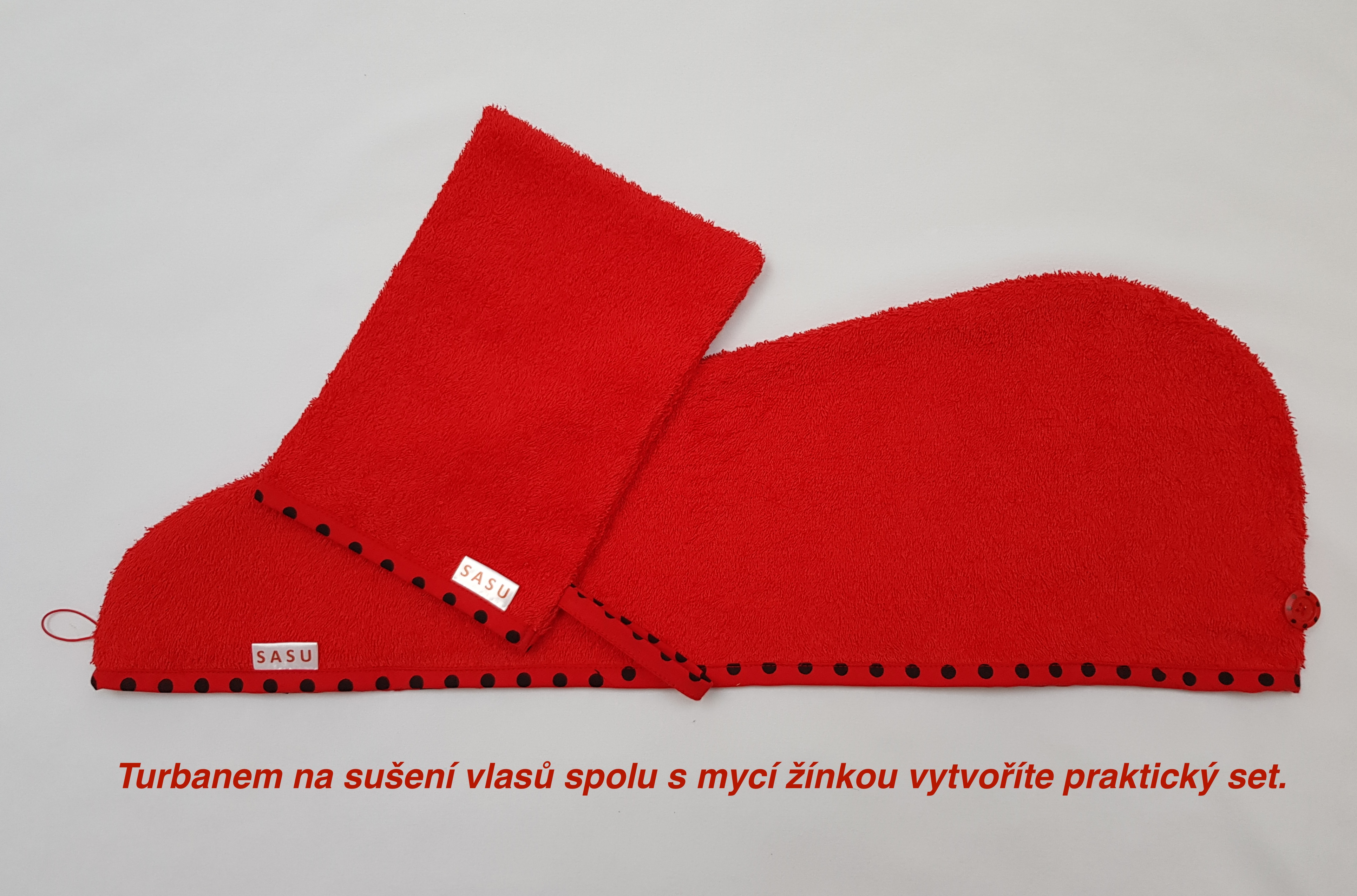 Turban na sušení vlasů červený Beruška