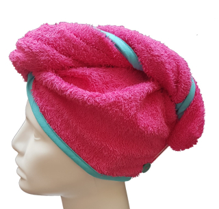 Turban na sušení vlasů cyklamenový tyrkysový lem