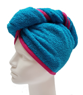 Turban na sušení vlasů tyrkysový, cyklamenový lem 